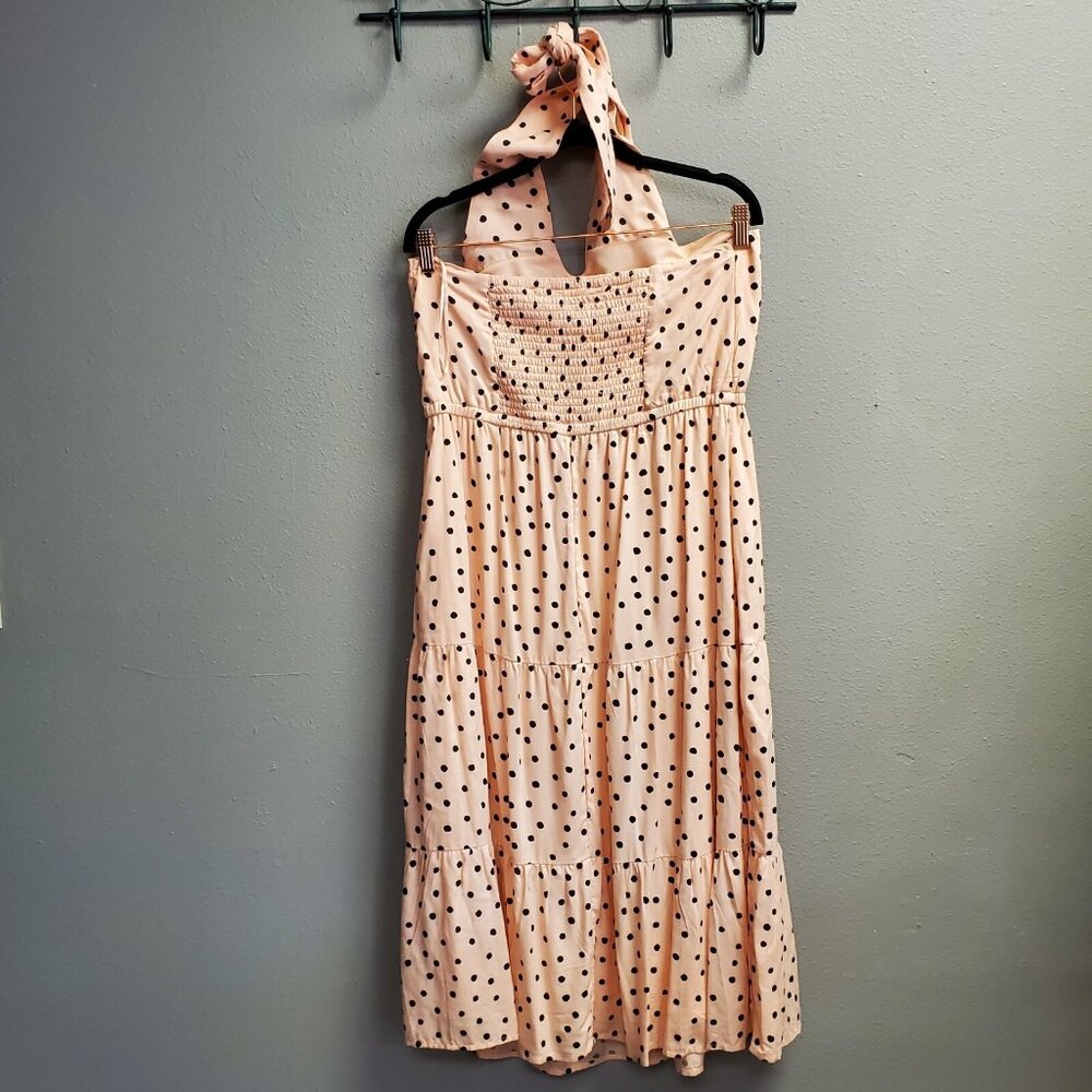 Maurices Maxi Sundress Women Size L Peach Black Polka Dot Halter Elastic Back - Picture 3 of 12
